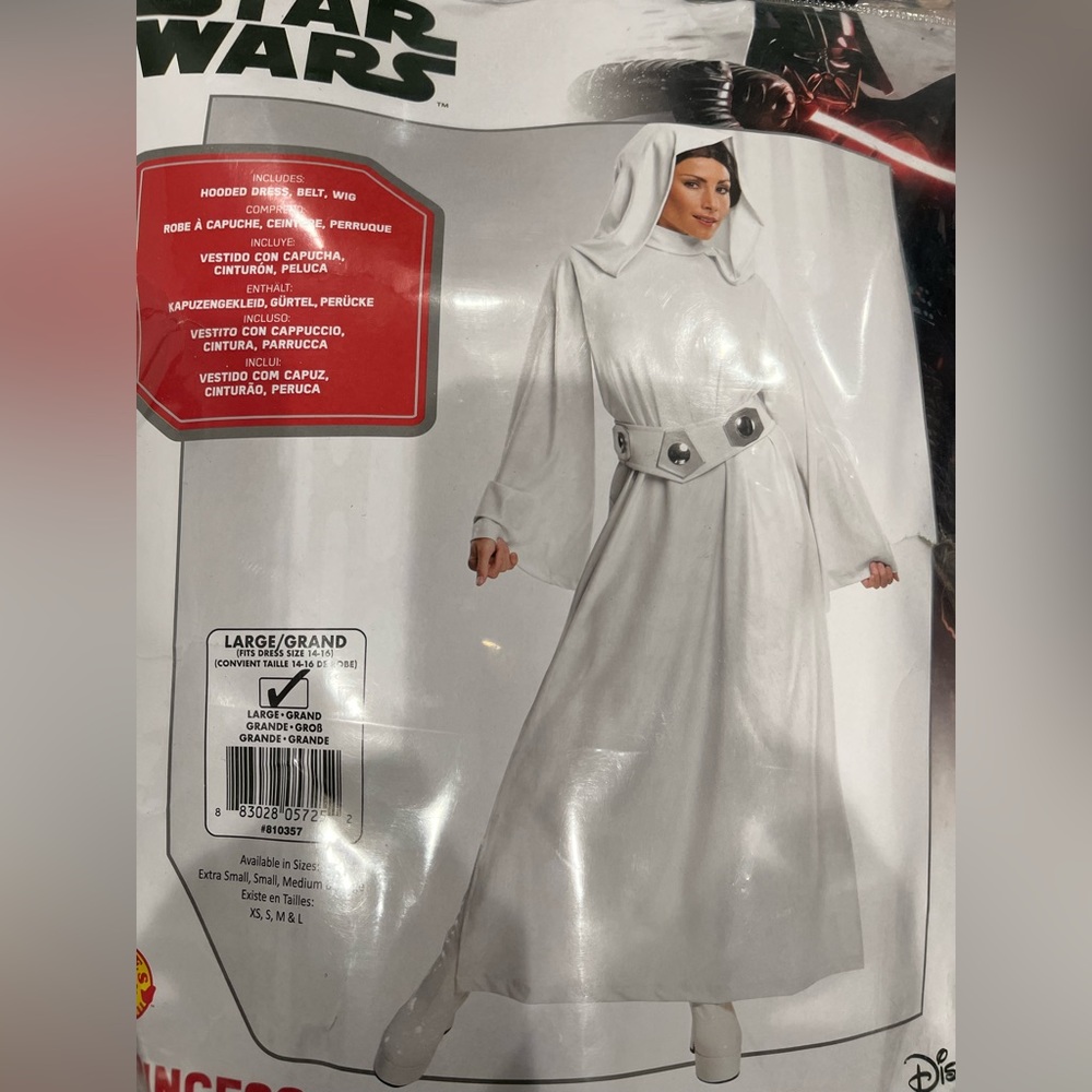 Princess Leia costume size large worn once comes with wig, dress and belt.